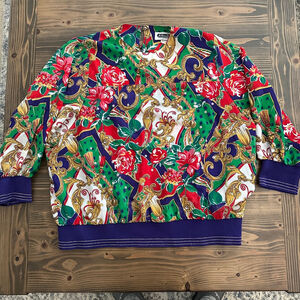 Women’s JoHanna York Floral Baroque Blouse L Red Green Metallic Trim USA